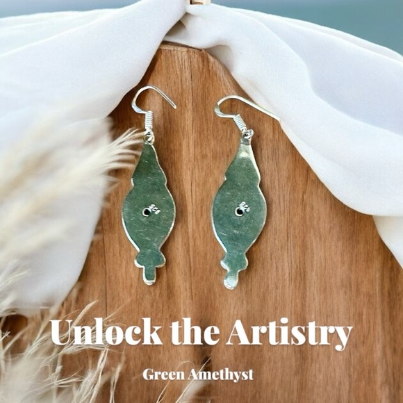 Green Amethyst and 925 Sterling Silver Dangle Drop Earrings - Picture 2 of 6